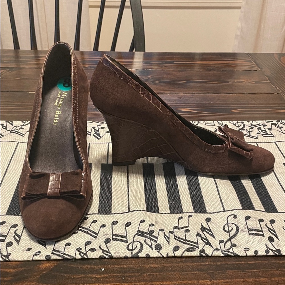 Massimo Baldi Brown Faux Print Wedges Bow Detail